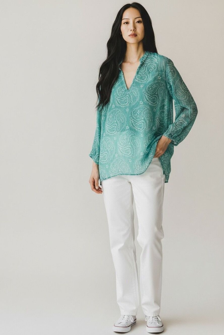 Dolma Paisley Sheer V-Neck Teal Sz XL Blouse